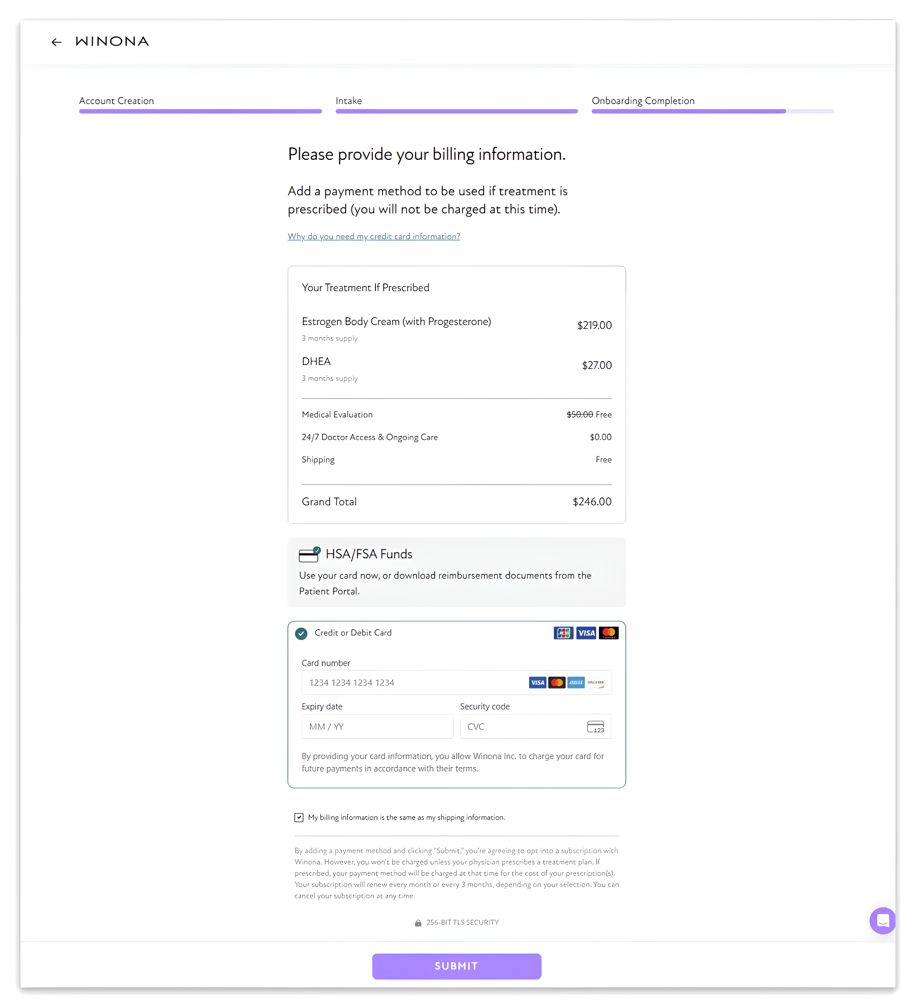 checkout page of winona treatment